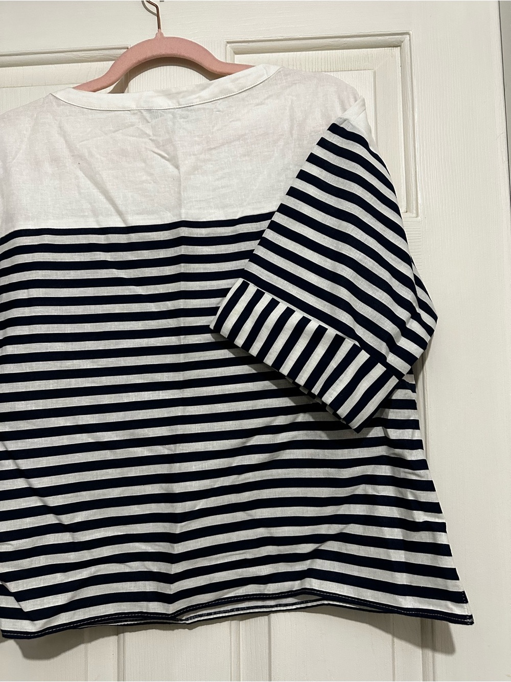 Zara Navy and White Striped Short Sleeve Button-Shoulder Top - Picture 10 of 10